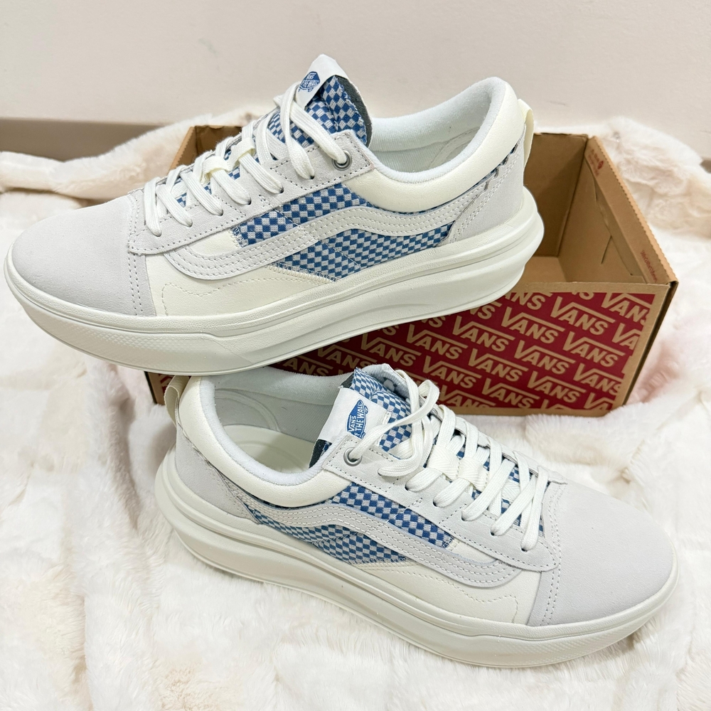 Vans White Sneakers with Blue Checkerboard Side Stripe